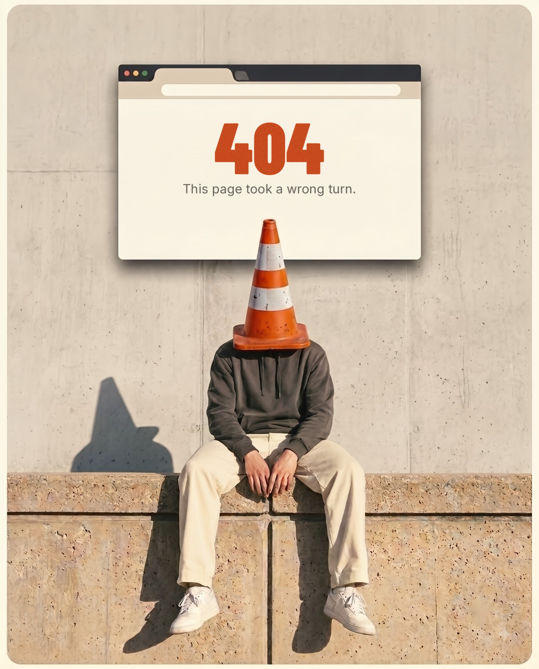 A seated figure with a traffic cone for a head beneath a browser window showing an error page.