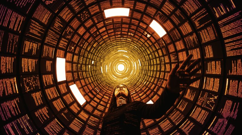 A figure standing at the centre of a tunnel lined with hundreds of glowing screens, receding to a bright point.