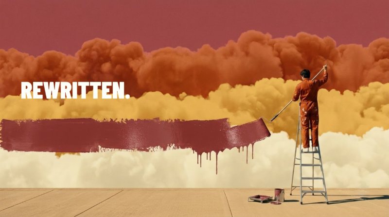 A figure on a stepladder rolling fresh paint across a wall of coloured clouds, with the word REWRITTEN across the sky.