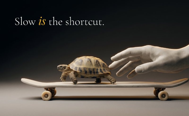 A tortoise standing on a pale skateboard with a stone hand held back from it, above the line Slow is the shortcut.