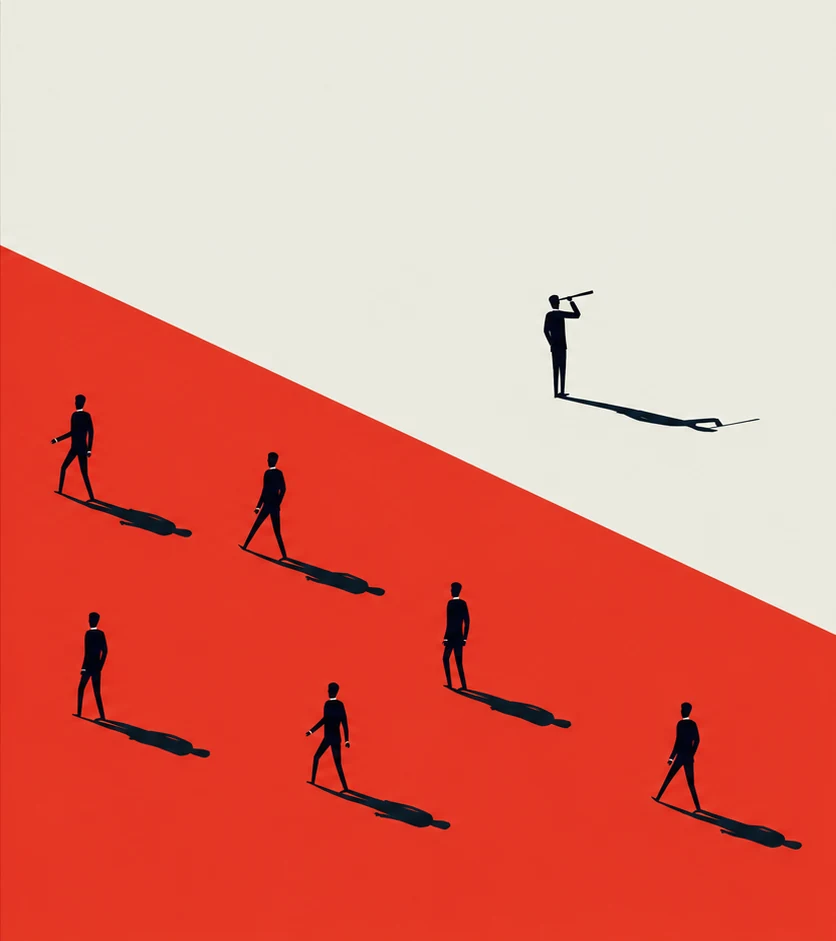 Illustration: a group of figures walking across a red slope while one stands apart on the pale ground above, looking ahead through a telescope.