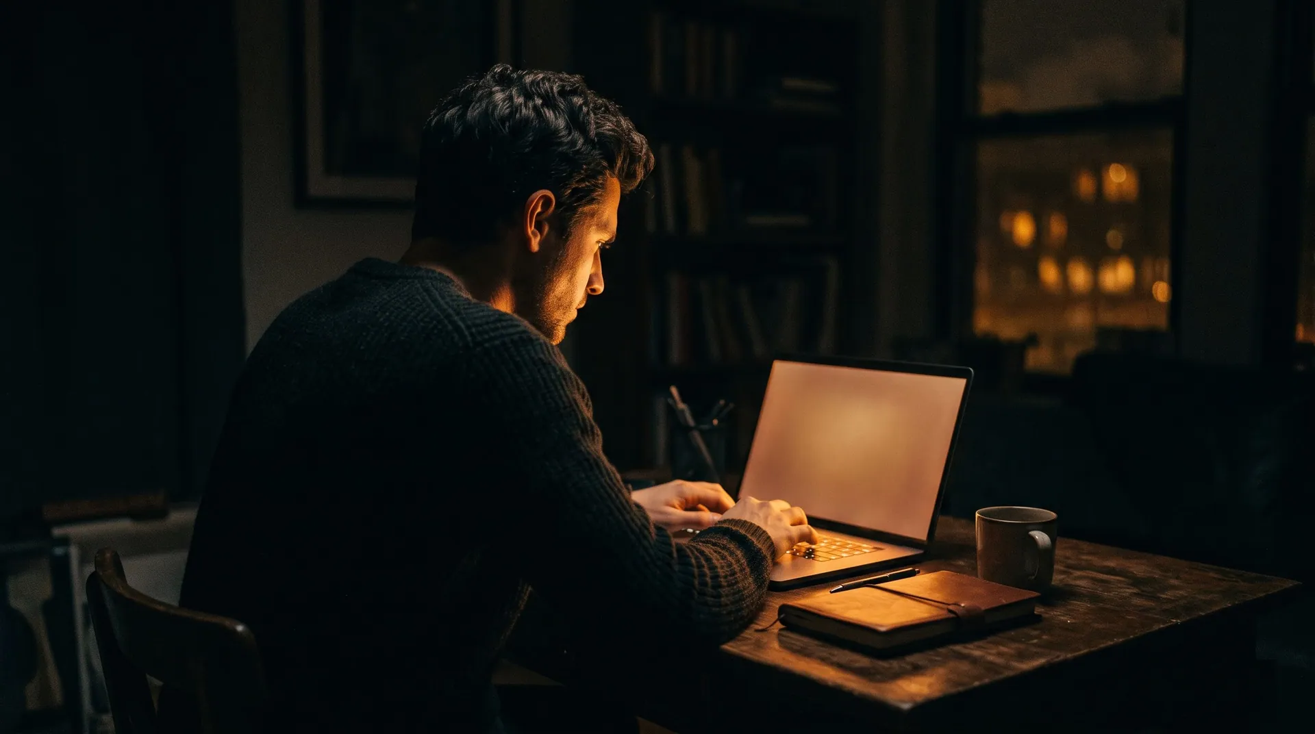 Person working at a laptop in warm light