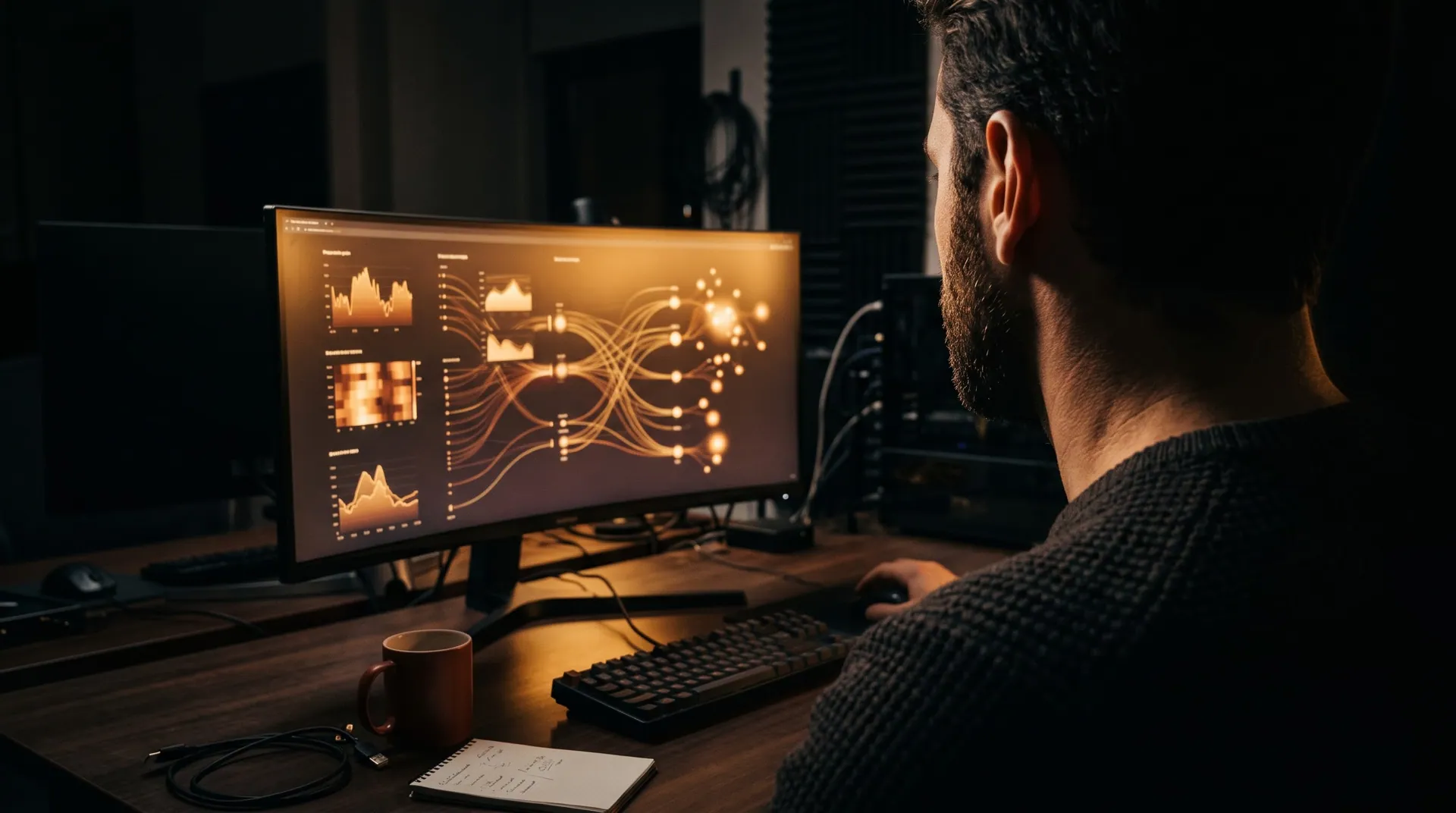 Workstation with data dashboards in warm light