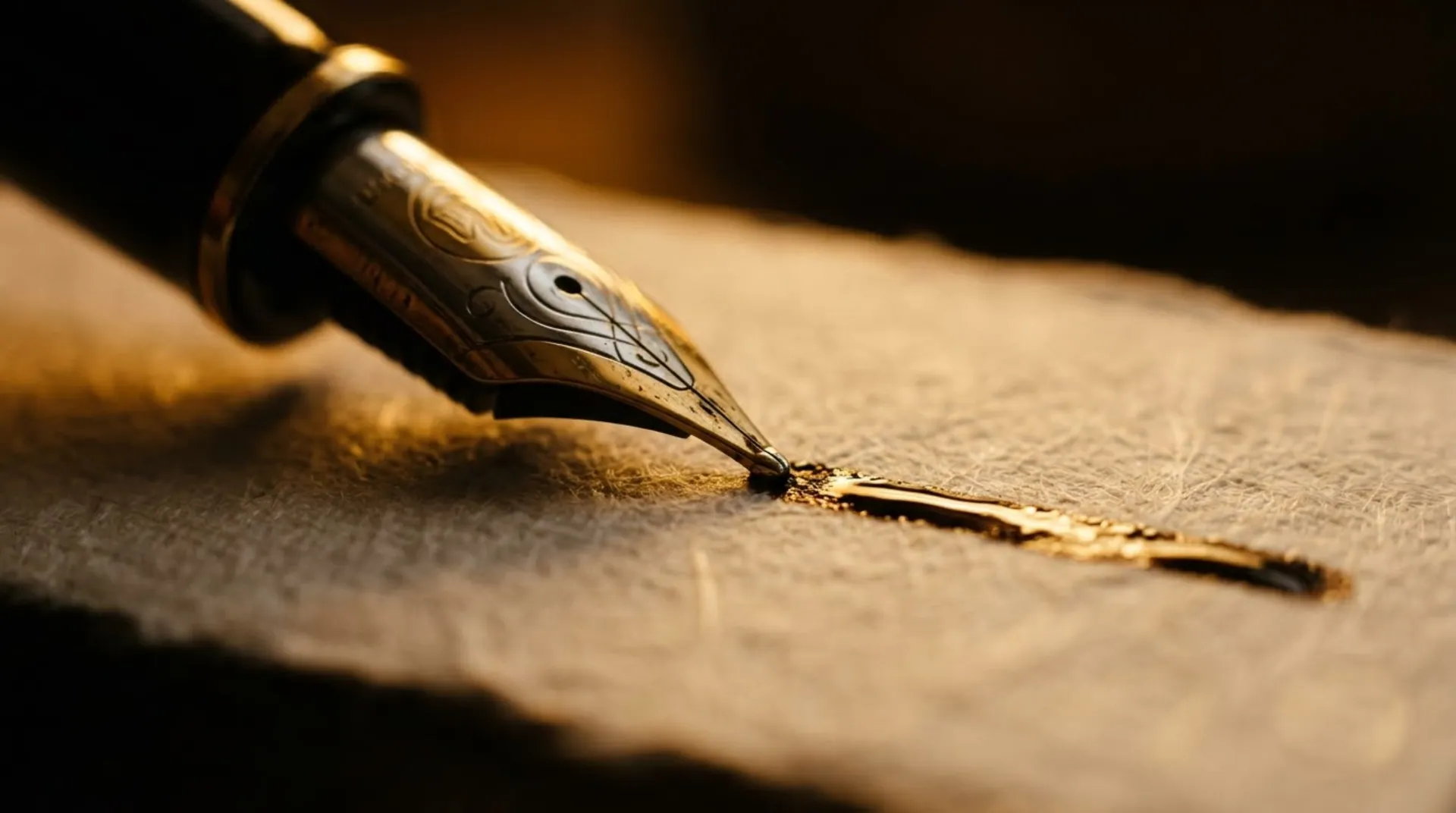 Macro shot of a fountain pen nib writing in gold ink