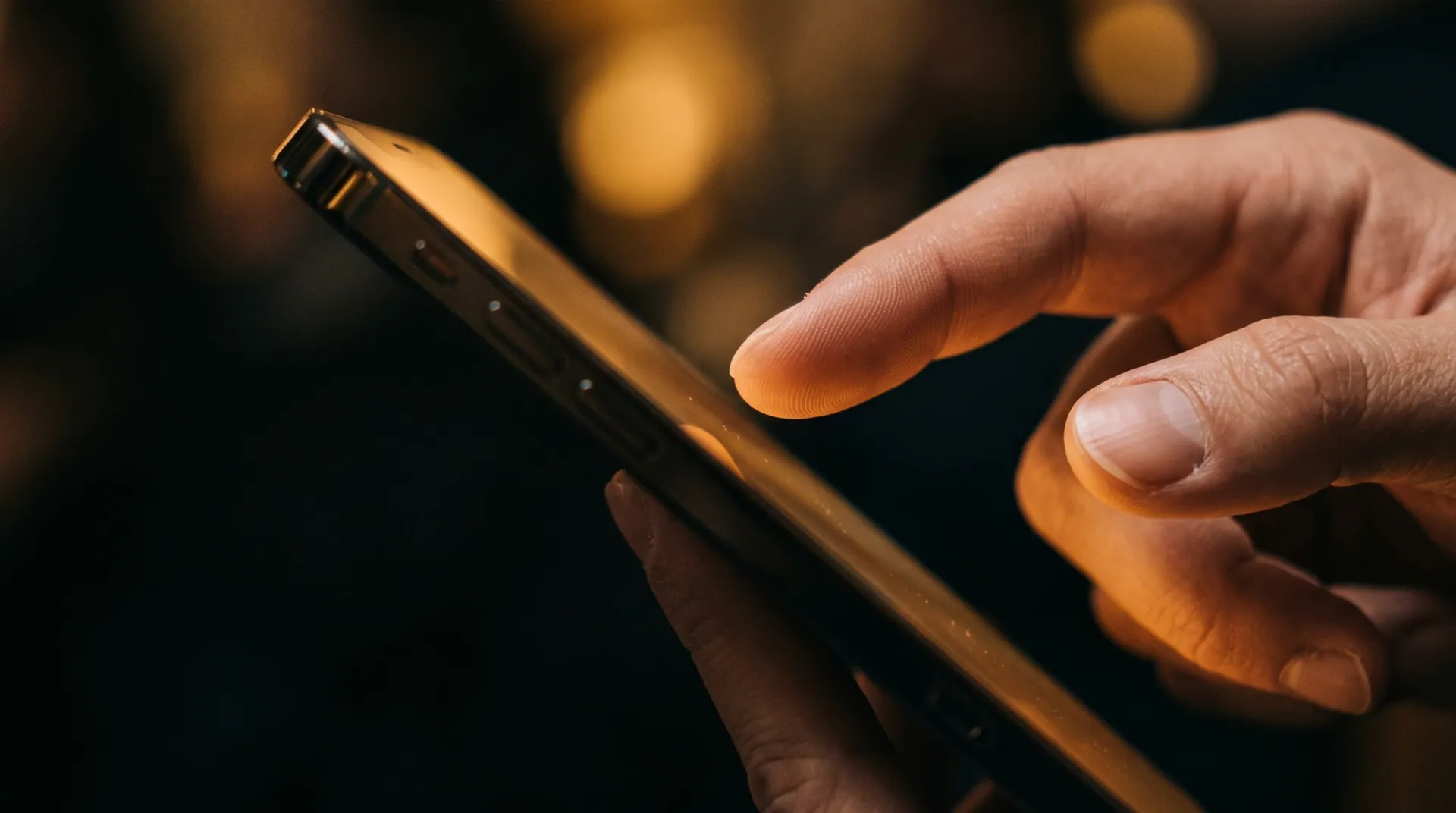 Close-up of a hand using a phone in warm light