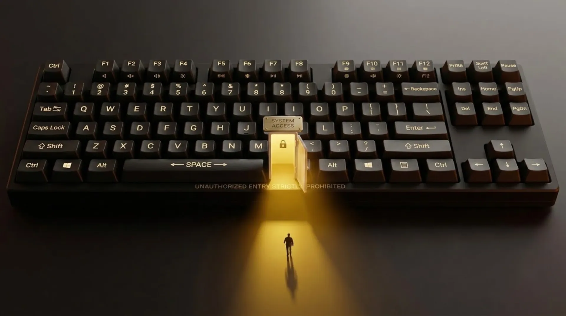 Mechanical keyboard with a glowing doorway opening between the keys
