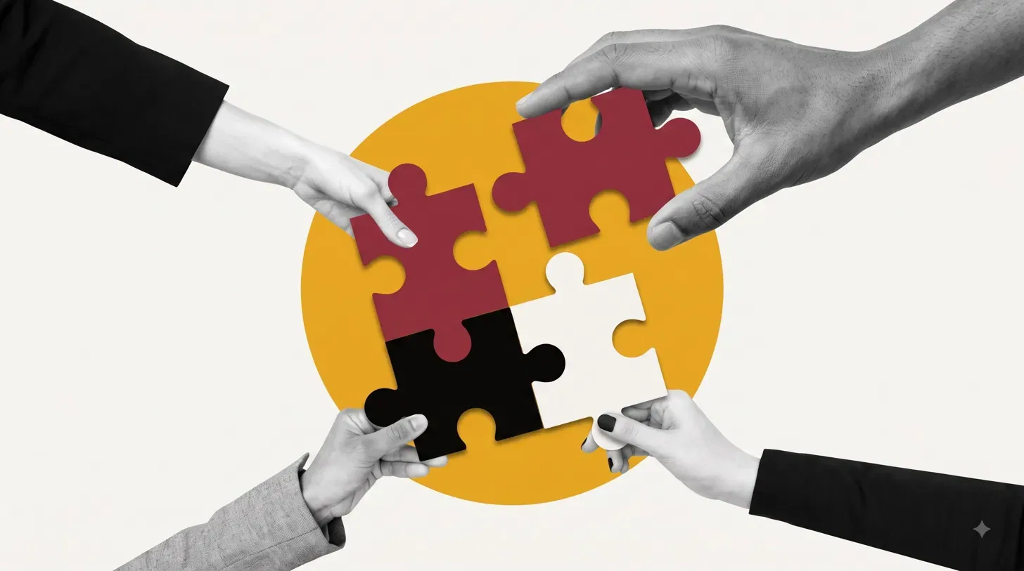 Four hands, each holding a jigsaw piece, assembling them together over a gold circle
