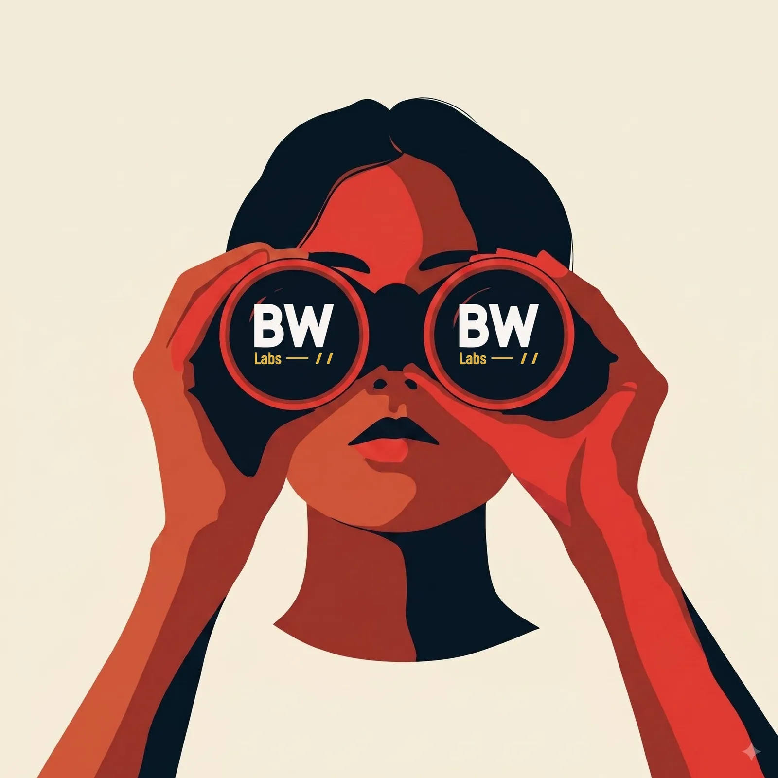 Illustration of a person looking through binoculars with BW Labs branding in the lenses