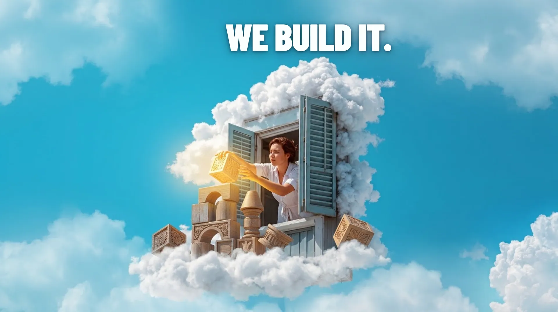 Illustration of a person assembling building blocks from a cloud window